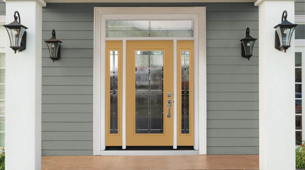 This is a Provia 460 front door with decorative glass and upgraded hardware.